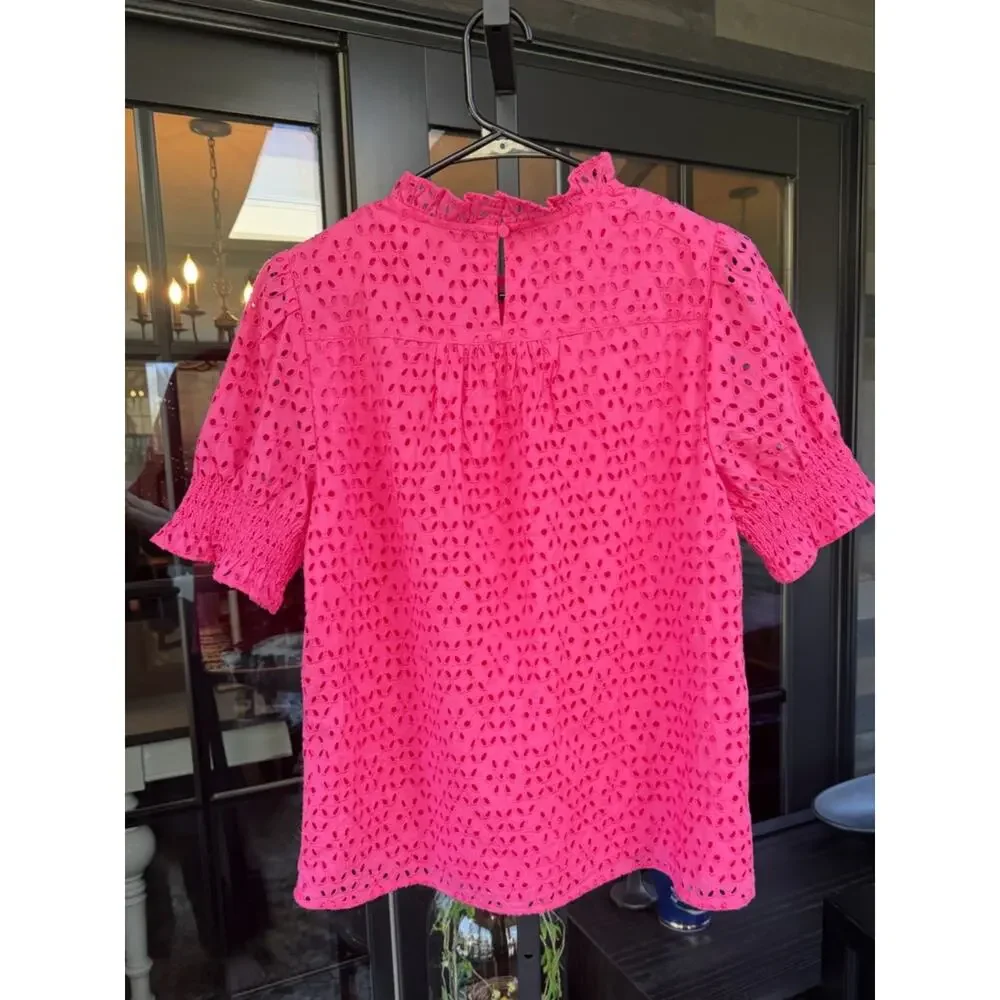 J. Crew NWT Smocked Ruffle Puff Sleeve Top Women's Pink Eyelet Lace Size Small